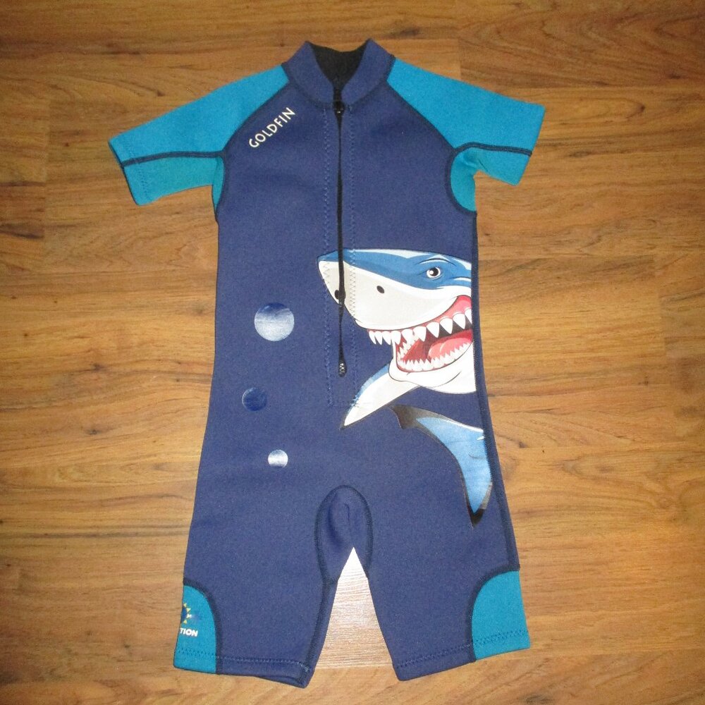 Goldfin Kids Boys Blue Shark Wetsuit Sz 2. UPF 50+ Neoprene  Toddler size